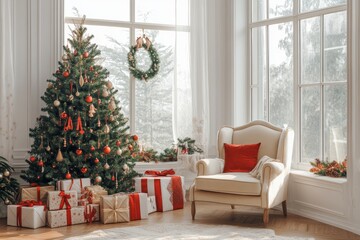 Christmas tree with red and gold ornaments, glowing lights, and presents underneath, in a cozy indoor holiday scene