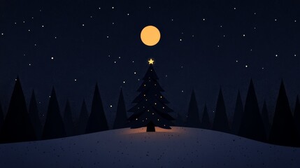 Fototapeta premium Illustration of a snowcovered forest with a glowing Christmas tree in the center surrounded by twinkling stars and a full moon Perfect for holiday cards and festive winter greetings with a magical and