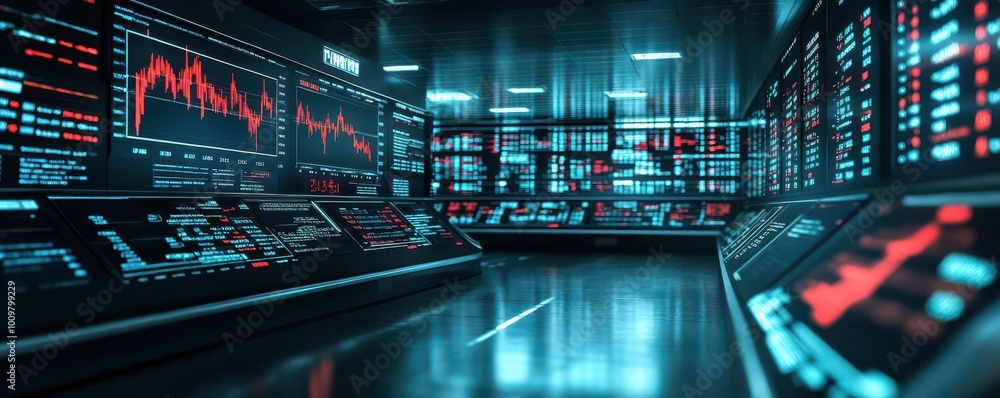 Poster high-tech control room with dynamic data displays and digital graphs, showcasing modern technology i