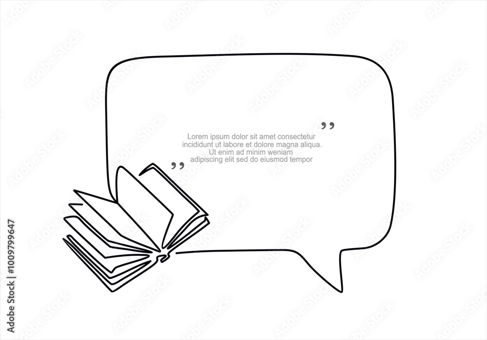 Aufkleber continuous one line drawing of open book and speech bubble. trendy line art vector on a white backgr