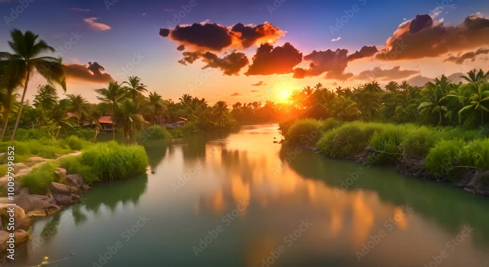Poster sunrise on the river virtual video scene animated background 4k animationsunrise on the river virtua