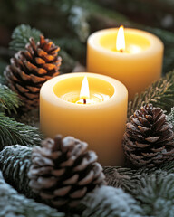 Two candles are burning brightly in a festive arrangement of pine cones and evergreen branches
