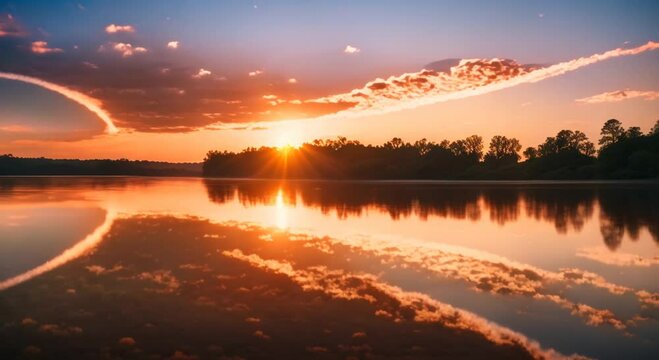 Sunrise on the river Virtual video scene animated background 4k animation