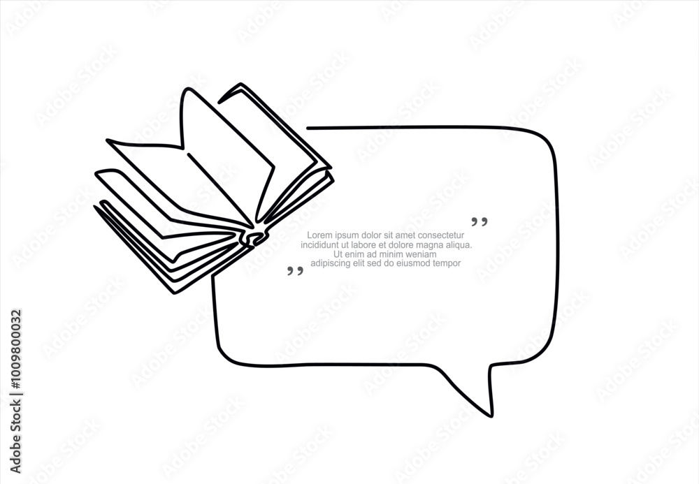 Poster continuous one line drawing of open book and speech bubble. trendy line art vector on a white backgr