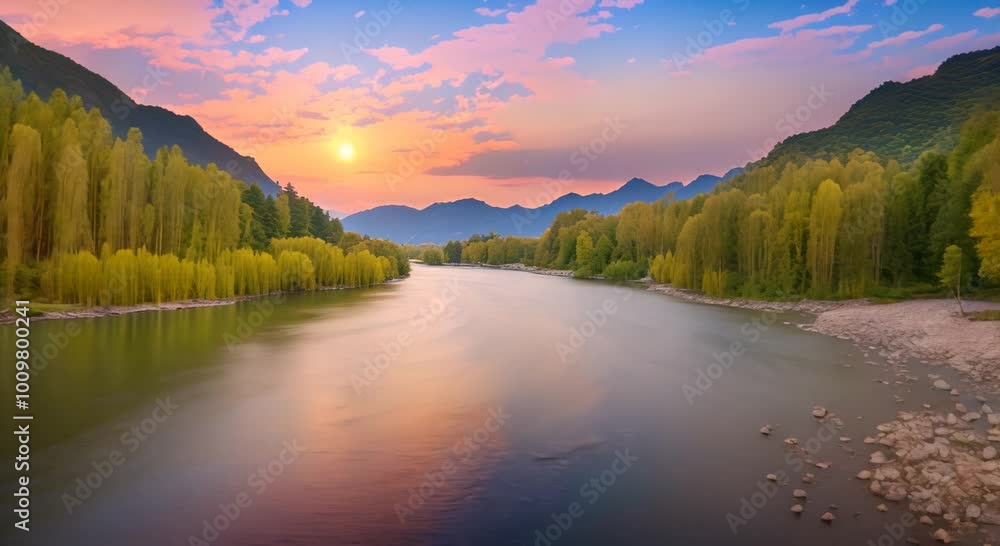 Poster the view of the river in front of the forest that calming at night virtual video scene animated back