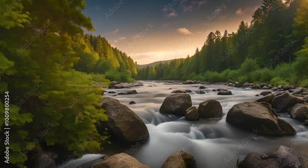 Poster the view of the river in front of the forest that calming at night virtual video scene animated back