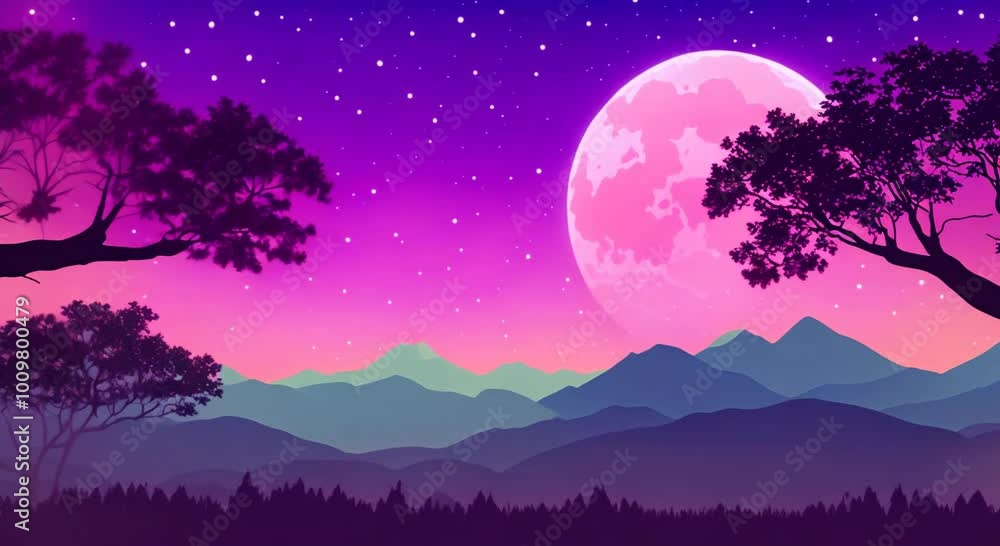 Poster trees seamlessly creating the silhouette of mountains viewed generative ai virtual video scene anima