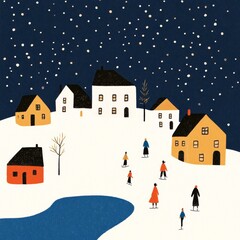 Illustration of a winter village at dusk with warmly lit houses snowcovered roofs and people iceskating on a frozen pond The sky is filled with stars creating a peaceful holiday scene Perfect for seas