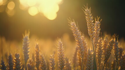 Fototapeta premium Golden wheat field glowing in the sunlight during the late afternoon harvest season