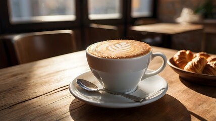 a cup full of coffee with a dish on a table, in a cafe, width generative ai