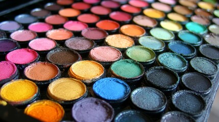 A colorful palette of eyeshadows in various vibrant shades, neatly arranged in circular pans.