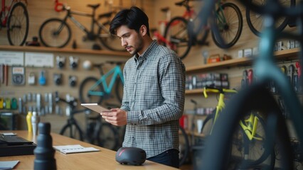 A man stands in a bicycle shop, focused on research as he writes in a notebook and examines various bikes around him. The image portrays dedication, attention to detail, and hands-on work.