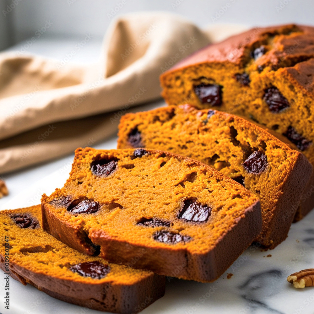 Poster freshly baked pumpkin bread with three slices in the foreground, which are with chocolate chips and 