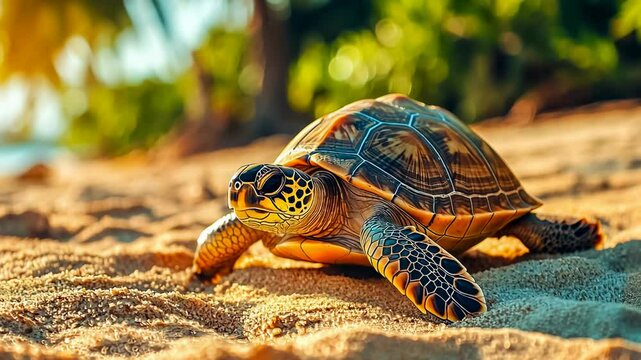 A sea turtle rests on a sunlit sandy beach, surrounded by tropical foliage. The setting sun casts a golden glow, enhancing the serene atmosphere. The turtle&rsquo;s detailed shell and natural beauty