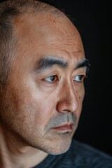 Close-up portrait of a contemplative man with a serious expression against a dark background