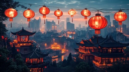 Red Chinese lanterns glowing in the rain with blurred background during a festive celebration.