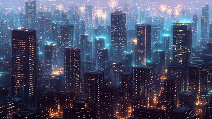 Nighttime Cityscape with Glowing Lights