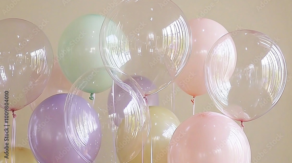 Poster a collection of balloons dangling from a string on a wall with a backdrop of more balloons
