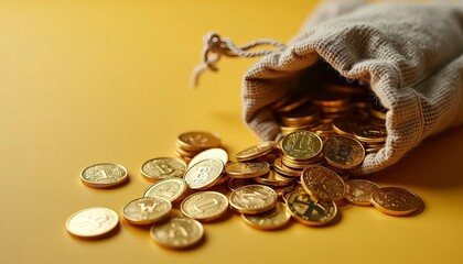 Gold coins spilling out of an old cloth bag