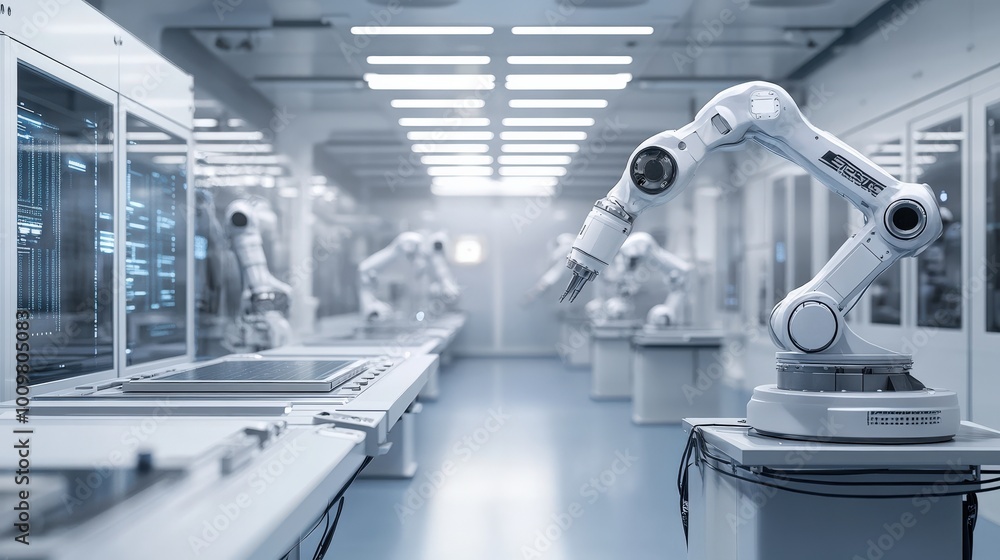 Poster in a controlled cleanroom environment, robotic arms perform precise tasks, emphasizing automation an