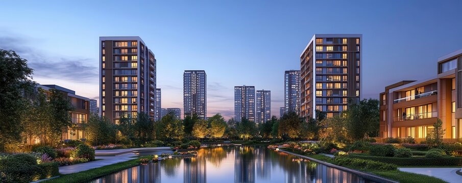 Modern cityscape at twilight, featuring sleek apartments and serene water reflections, ideal for urban lifestyle themes.