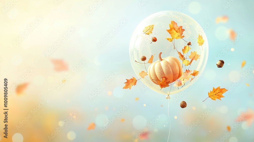 Poster an image of an autumn balloon floating with leaves fluttering by its side