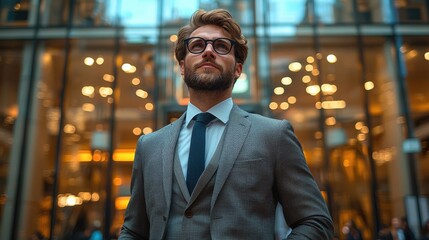 Fototapeta premium Confident businessman in stylish suit stands in urban plaza, showcasing a modern professional look during evening hours