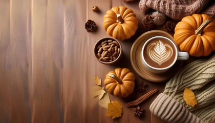 A cozy fall corner with a warm drink, decorative pumpkins, and soft textures designed for autumn comfort. Generative AI