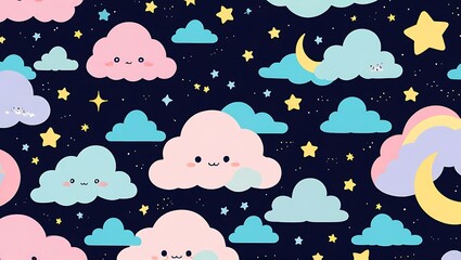 Cute Cloud Pattern with Stars and Moon