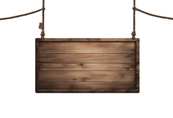Rustic wooden rectangular sign hanging by ropes realistic isolated on transparent background
