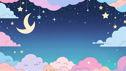 Fototapeta premium Cute Night Sky with Clouds, Stars, and Moon
