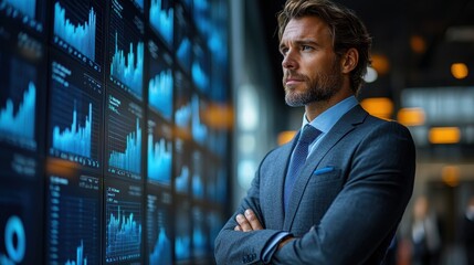 Fototapeta premium Business professional analyzing financial data on digital screens in modern office during working hours