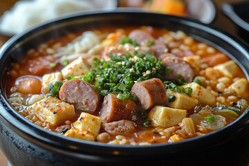 Savoring a warm bowl of Budae Jjigae filled with delicious ingredients on a cozy evening gathering
