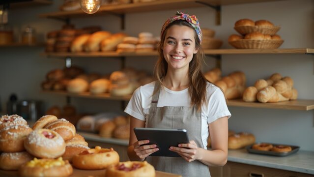 A female baker standing in a bakery, smiling while holding a tablet, surrounded by freshly baked bread and pastries. The image reflects small business operations, technology use, and customer service.