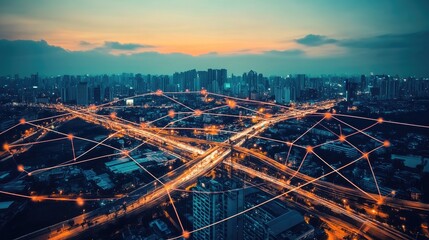 Obraz premium Cityscape with Interconnected Network of Light Trails and Buildings at Night