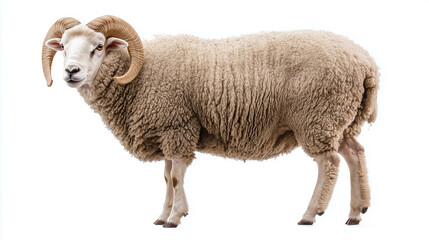 Fototapeta premium Ram standing proudly with thick wool on a white background copy space