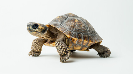 Obraz premium Tortoise walking with curiosity on a white background copy space