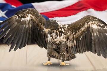 North American wild Bald Eagle with USA American flag