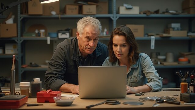 An experienced engineer mentoring a younger colleague as they work together on a project in a workshop, using a laptop. The image represents teamwork, knowledge transfer, and technical collaboration.