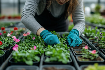 A dedicated female entrepreneur tends to vibrant flowers in her greenhouse, nurturing plants for the upcoming spring season in her urban garden