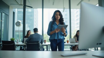 A female professional standing in a modern office environment, focused on a tablet while her colleagues work in the background. The image reflects technology, work, and a collaborative business
