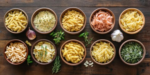 A variety of pasta types displayed in bowls, with garlic and herbs for culinary inspiration.
