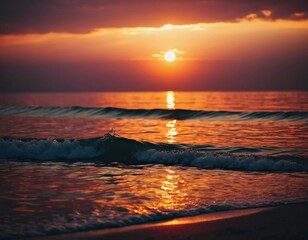 Fototapeta premium The warm glow of the setting sun casts golden hues over the tranquil waves of the ocean, creating a serene atmosphere by the shoreline during dusk. Sunset or sunrise at sea. Romantic landscape. AI