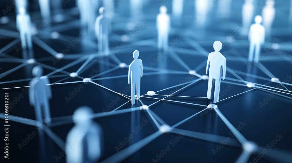 Poster a network of interconnected figures, each representing different people or abstract elements in busi