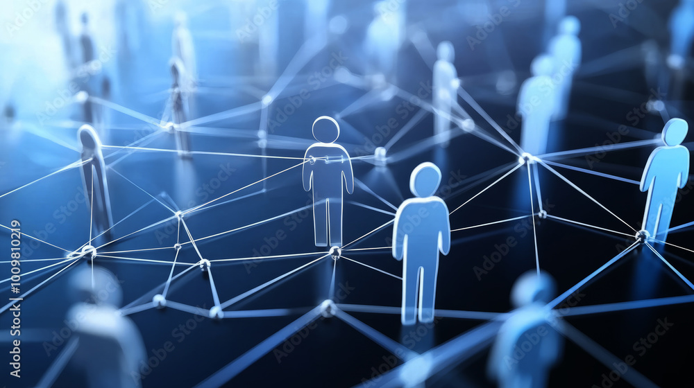 Poster a network of interconnected figures, each representing different people or abstract elements in busi