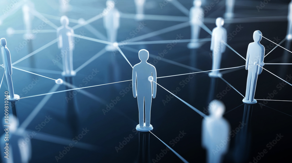 Poster a network of interconnected figures, each representing different people or abstract elements in busi