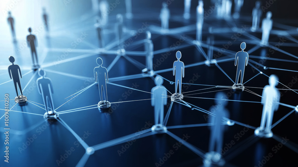 Poster a network of interconnected figures, each representing different people or abstract elements in busi
