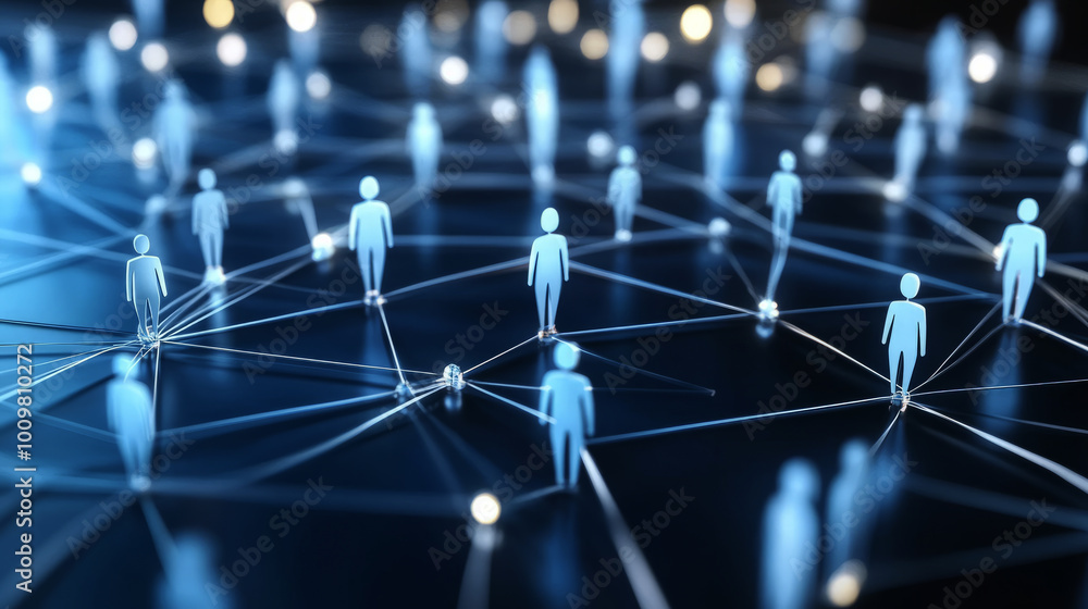 Poster a network of interconnected figures, each representing different people or abstract elements in busi