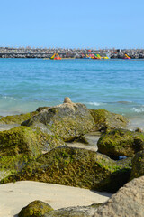 Amadores Beach, Gran Canaria, Spain. Huge stones on the sandy beach