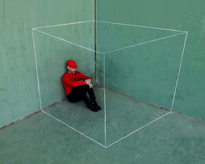 Man in red sitting inside an imaginary white box